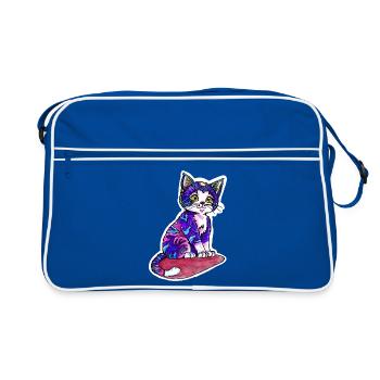 Kleine Katze im lila Pelz - Retro Tasche - Blau/Weiß - Vorne