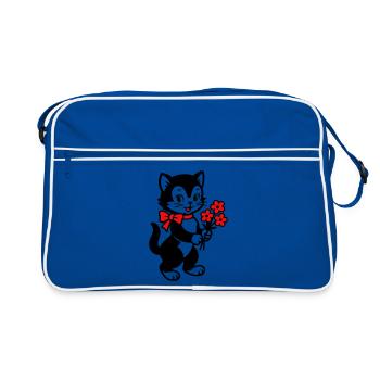 Schwarze Katze mit rotem Band - Retro Tasche - Blau/Weiß - Vorne