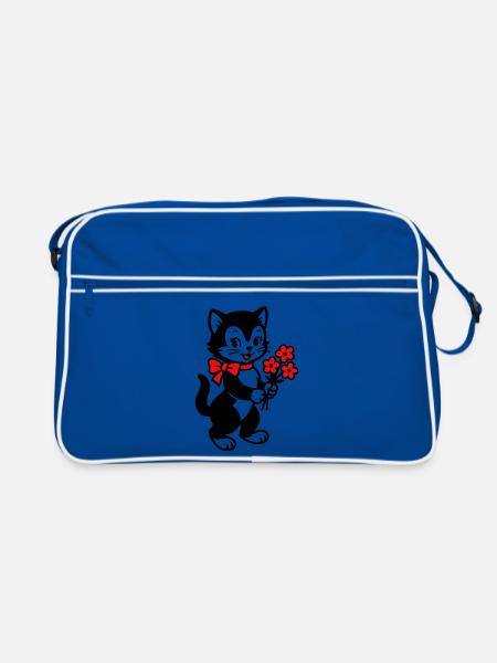 Schwarze Katze mit rotem Band - Retro Tasche - Blau/Weiß - Vorne