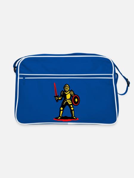 Gelber Ritter mit rotem Schwert - Retro Tasche - Blau/Weiß - Vorne