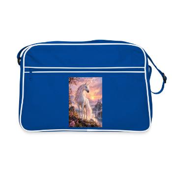 Pastelleinhorn bei Sonnenuntergang über der Burg - Retro Tasche - Blau/Weiß - Vorne