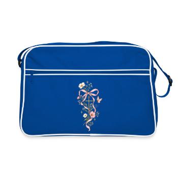 Blütenkreuz mit Rosa Band - Retro Tasche - Blau/Weiß - Vorne