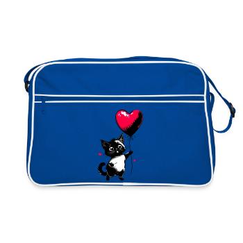 Katze mit Herz Luftballon - Heartful Creatures - Retro Tasche - Blau/Weiß - Vorne