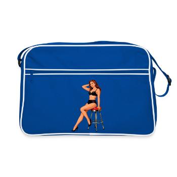 Vintage Rockabilly Pin-up: Rothaarige Schönheit - Retro Tasche - Blau/Weiß - Vorne