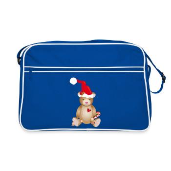 Niedlicher Teddybär mit Weihnachtsmütze - Retro Tasche - Blau/Weiß - Vorne