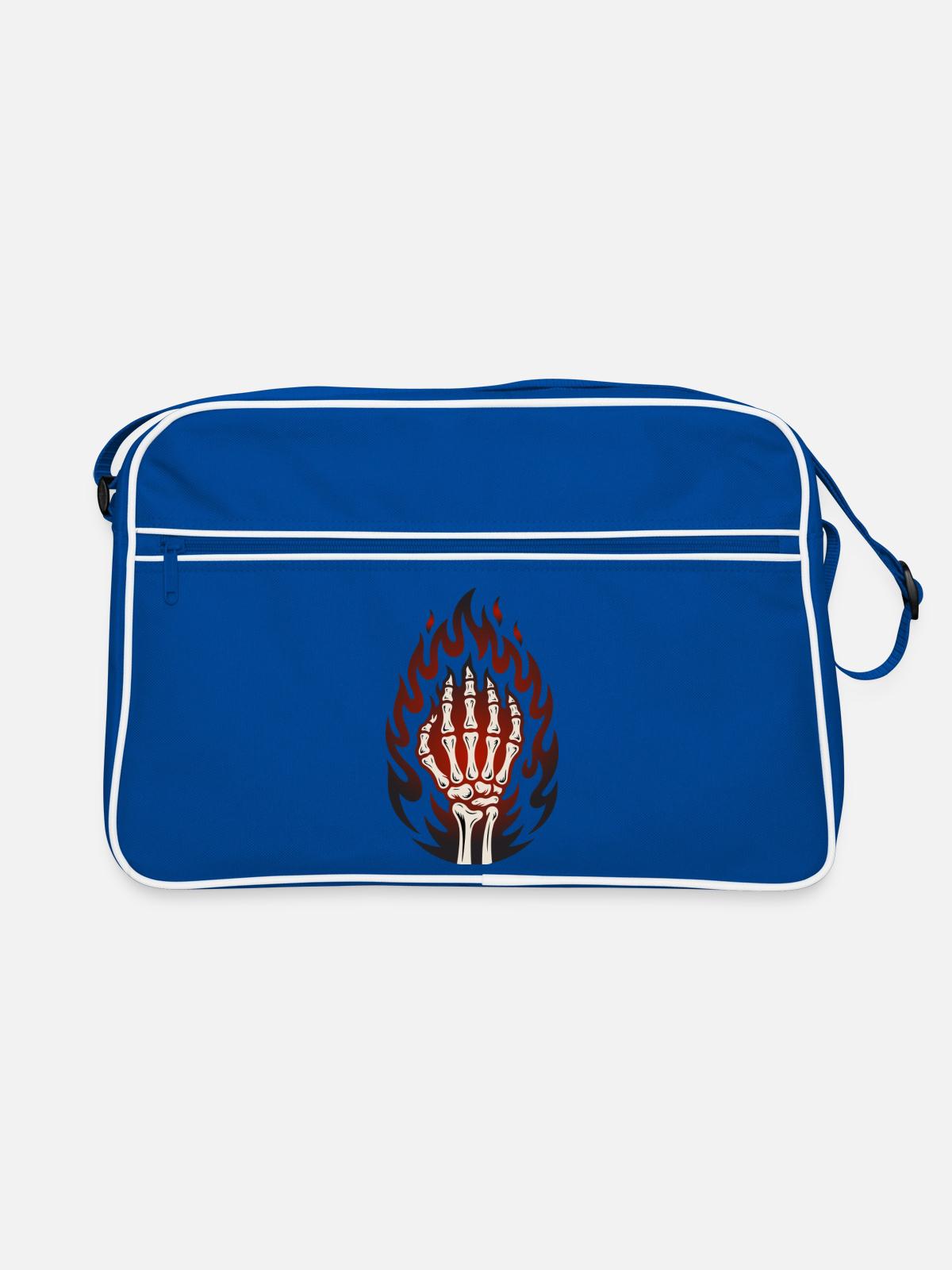 Flaming Skeleton Hand - Retro Bag - blue/white - Front