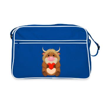 Comic Highland Kuh mit rotem Herz – Liebe Art - Retro Tasche - Blau/Weiß - Vorne