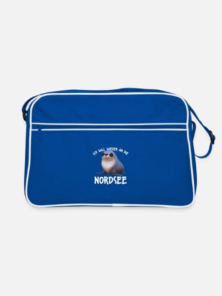 Ich will wieder an die Nordsee | Urlaub Meer - Retro Tasche - Blau/Weiß - Vorne