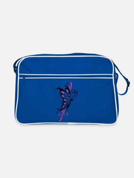 Big filigree butterfly, wings, girlie Tattoo style - Retro Bag - blue/white - Front