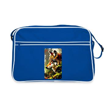Wolf im Wald im Herbstlaub (Blick nach Links) - Retro Tasche - Blau/Weiß - Vorne