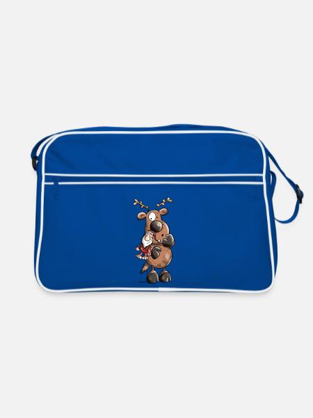 Rentier knuddelt Weihnachtsmann - Retro Tasche - Blau/Weiß - Vorne