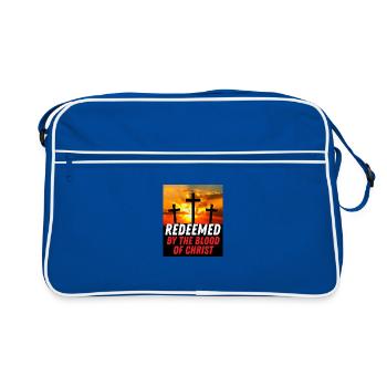 Erlöst durch das Blut Christi - Christliches Zitat - Retro Tasche - Blau/Weiß - Vorne