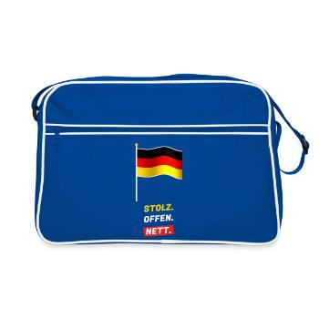 Stolz. Offen. Nett. - Fahne Schwarz Rot Gold - Retro Tasche - Blau/Weiß - Vorne