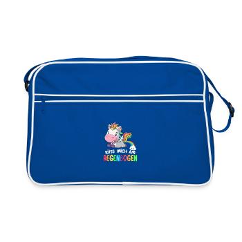 Süßes Einhorn | Küss mich am Regenbogen - Retro Tasche - Blau/Weiß - Vorne