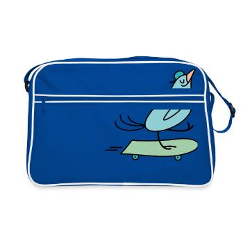 Vogel fährt Skateboard - Retro Tasche - Blau/Weiß - Vorne