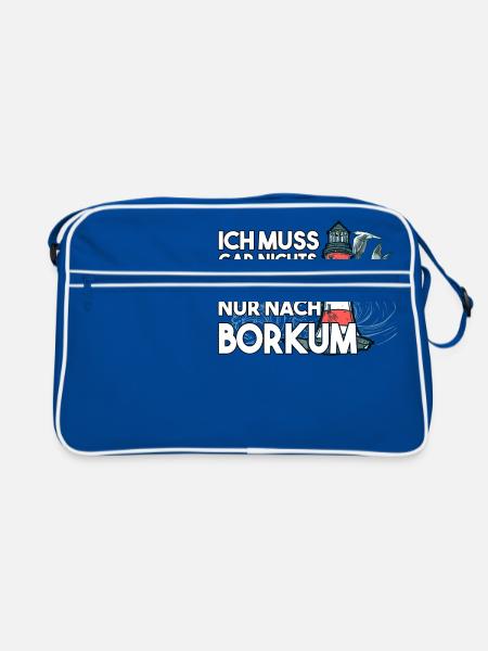 Ich muss garnichts ich muss nur nach Borkum - Retro Tasche - Blau/Weiß - Vorne
