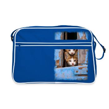 chatons curieux regardant par une fenêtre bleue - Sac Retro - bleu/blanc - Devant