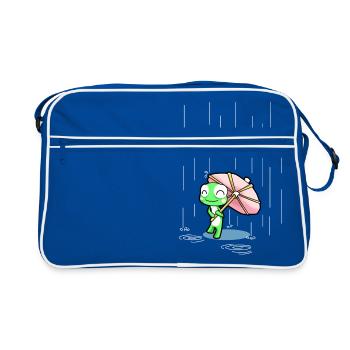 Glücklicher Frosch mit einer rosa Party-Regenschirm im Regen - Retro Tasche - Blau/Weiß - Vorne
