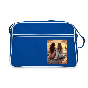 Freundinnen am Meer im Sonnenuntergang - Retro Tasche - Blau/Weiß - Vorne