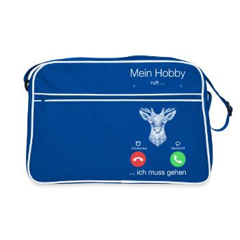 Geschenk Anruf Jagd Hirsch ruft - Retro Tasche - Blau/Weiß - Vorne