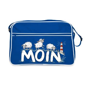 Moin Schafe Leuchtturm Nordsee Küstenhumor - Retro Tasche - Blau/Weiß - Vorne