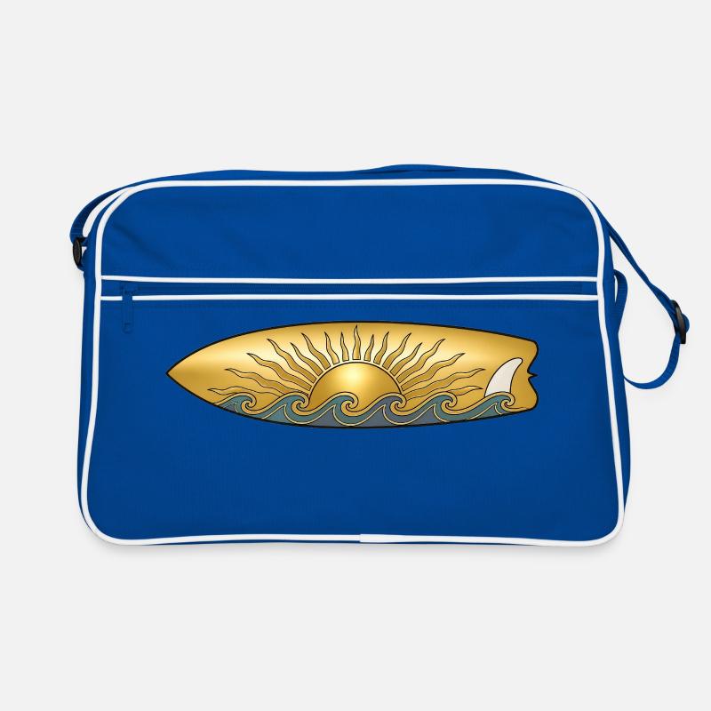 Soleil doré avec planche de surf et surfeur des vagues de mer Sac Retro