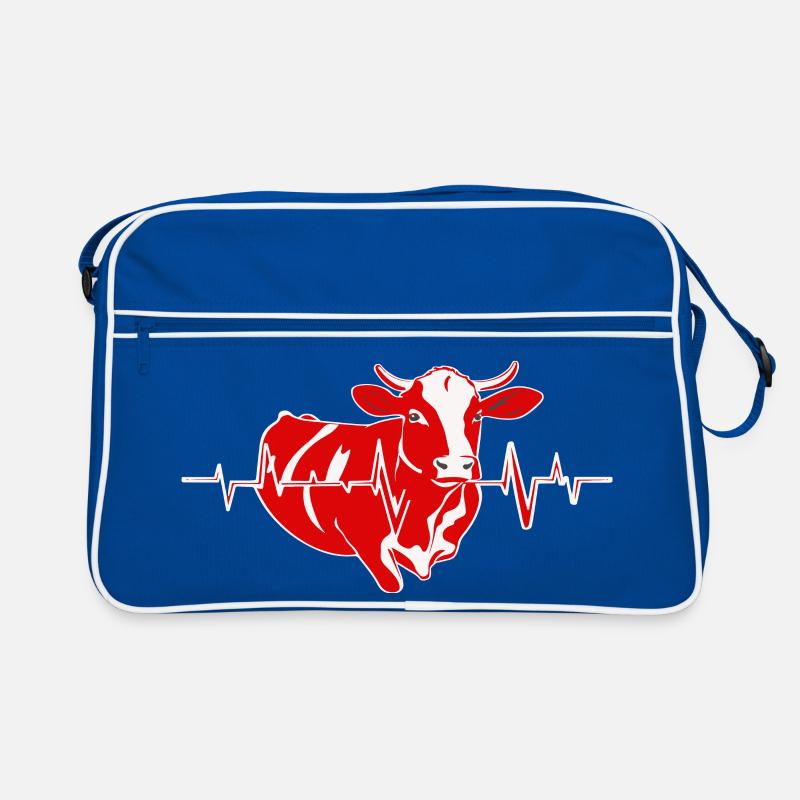 Rote Kuh mit Herzschlaglinie - Retro Tasche - Blau/Weiß