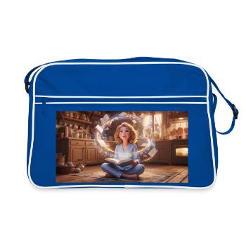 Magic of Reading: Girl with Flying Books in a Cozy - Retro Bag - blue/white - Front