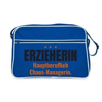 Erzieherin Shirt – Hauptberuflich Chaos-Managerin - Retro Tasche - Blau/Weiß - Vorne
