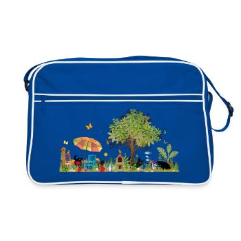 kunterbunter üppiger Garten mit schwarzen Katzen - Retro Tasche - Blau/Weiß - Vorne