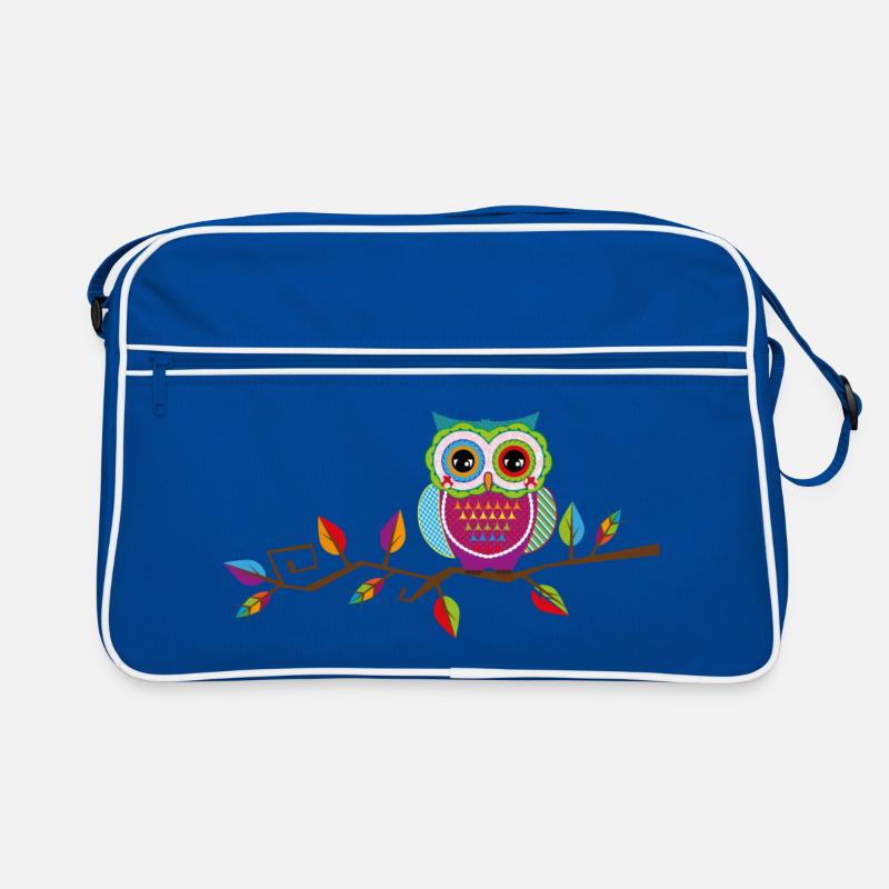 farbenfrohe Eule sitzt auf einem herbstlichen Ast - Retro Tasche - Blau/Weiß