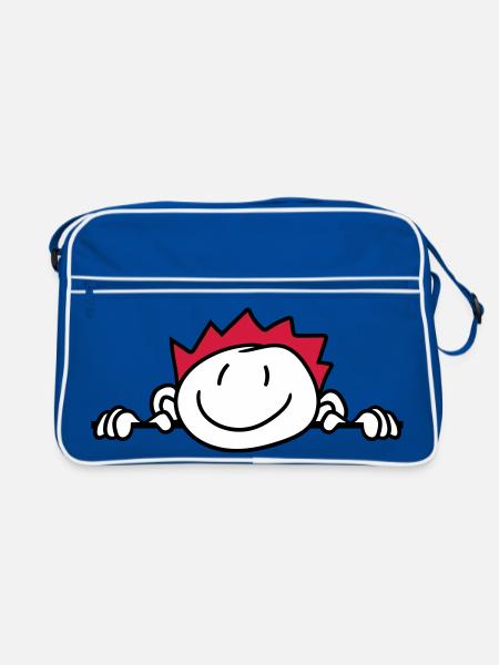 verstecken wand mauer gesicht kopf kind gemalt kri - Retro Tasche - Blau/Weiß - Vorne