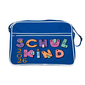 Schulkind 2026  Bunte Buchstaben - Retro Tasche - Blau/Weiß - Vorne