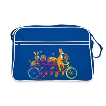 buntes Tandem Fahrrad mit bunten Tieren des Waldes - Retro Tasche - Blau/Weiß - Vorne