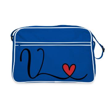 Letter V Monogram Initial Heart - Retro Bag - blue/white - Front