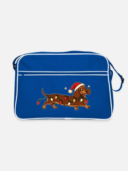    Weihnachts Dackel mit Lichterkette - Retro Tasche - Blau/Weiß