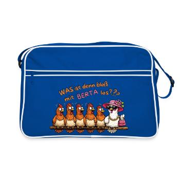Was ist denn bloß mit Berta los? Hühnermotiv - Retro Tasche - Blau/Weiß - Vorne