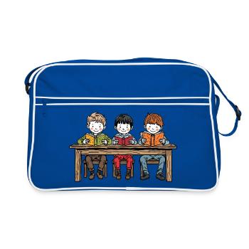 Three boys at the table reading a book – friendship - Retro Bag - blue/white - Front