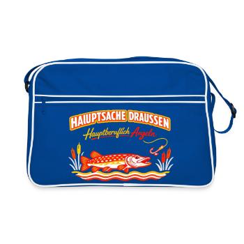 Hauptsache Draußen Angeln Fischdesign - Retro Tasche - Blau/Weiß - Vorne