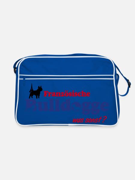 Französische Bulldogge Logo - Retro Tasche - Blau/Weiß - Vorne