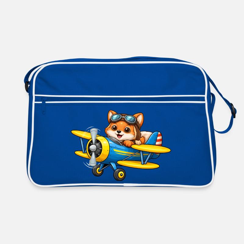 Fuchs Pilot Doppeldecker Flugzeug Cartoon   Retro Tasche