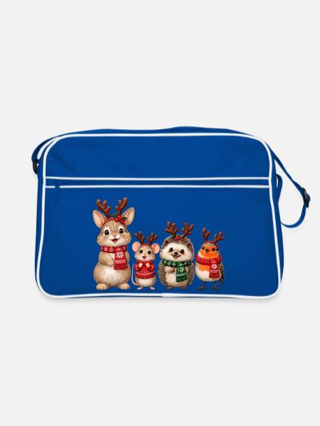 Süße Weihnachtstiere mit Rentiergeweih - Retro Tasche - Blau/Weiß