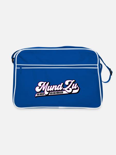 Farben änderbar | Mund Zu ich weiß ich bin hübsch - Retro Tasche - Blau/Weiß - Vorne