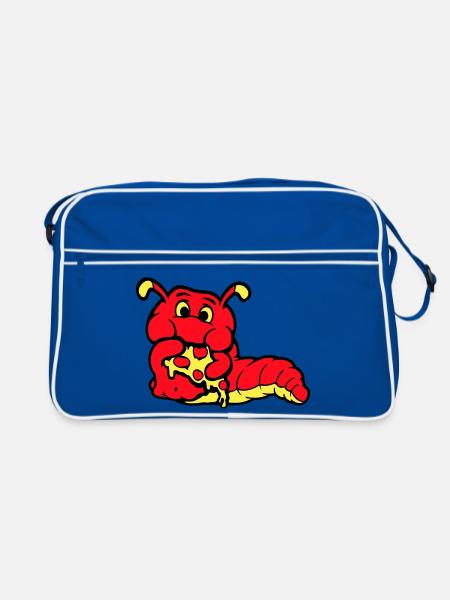 Raupe Wurm Glücklich Essend Pizza Salami Fast Food - Retro Tasche - Blau/Weiß - Vorne