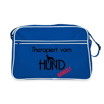 Therapiert vom Hund Hunde Tier Haustier Geschenk - Retro Tasche - Blau/Weiß - Vorne
