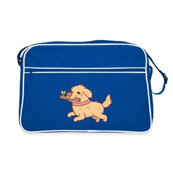 Niedlicher Golden Retriever Welpe läuft mit Stock - Retro Tasche - Blau/Weiß - Vorne