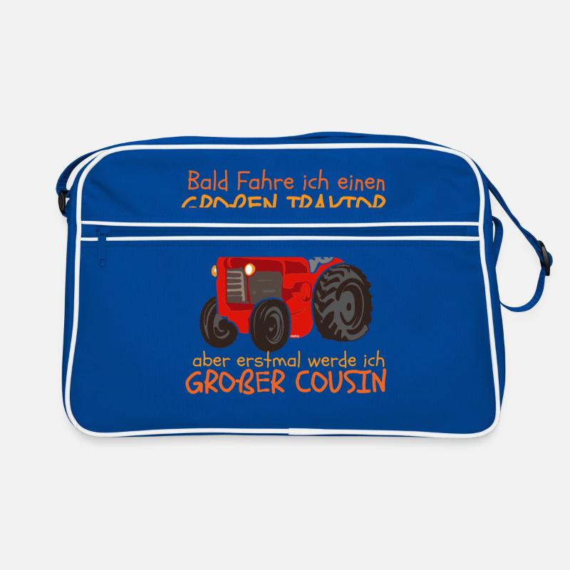 Großer Cousin Traktor Trecker Spruch - Retro Tasche - Blau/Weiß