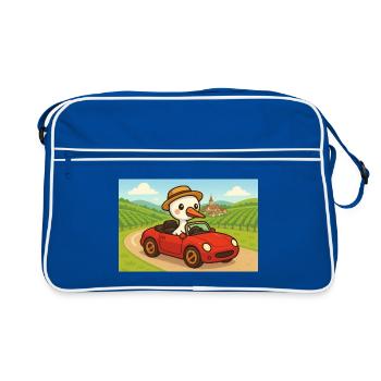 Storch fährt ein rotes Auto auf der Straße - Retro Tasche - Blau/Weiß - Vorne