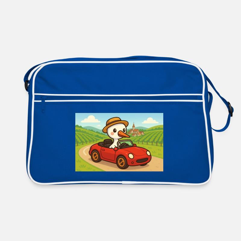 Stork driving a Red Car on the road Retro Bag