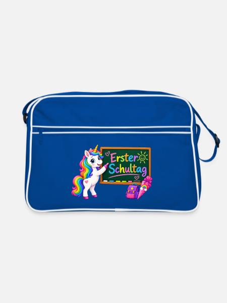 Erster Schultag Unicorn  - Retro Tasche - Blau/Weiß